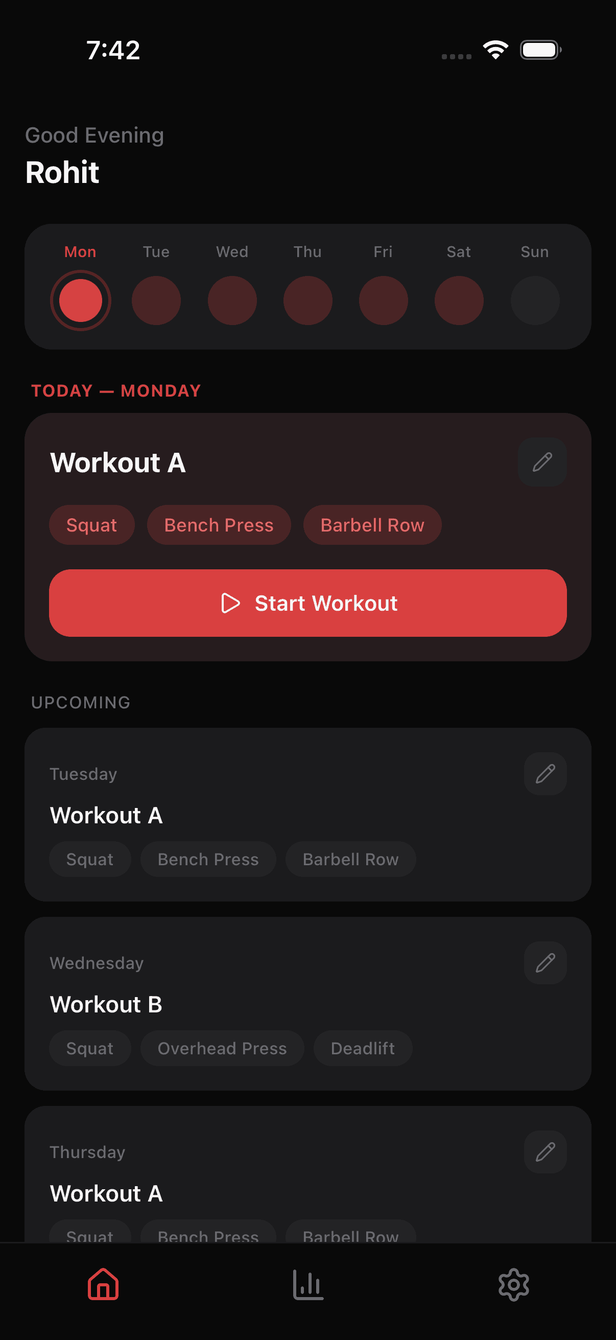 GymLedger home screen